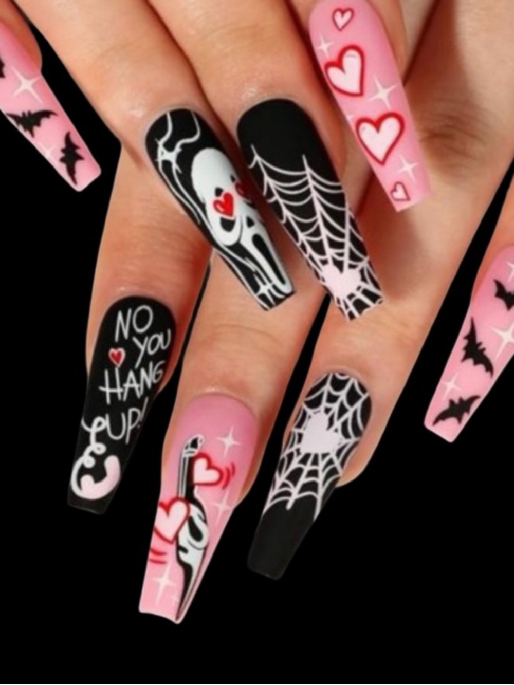 Halloween Pink & Black Gothic Heart Spiderweb Nail Art press on nails